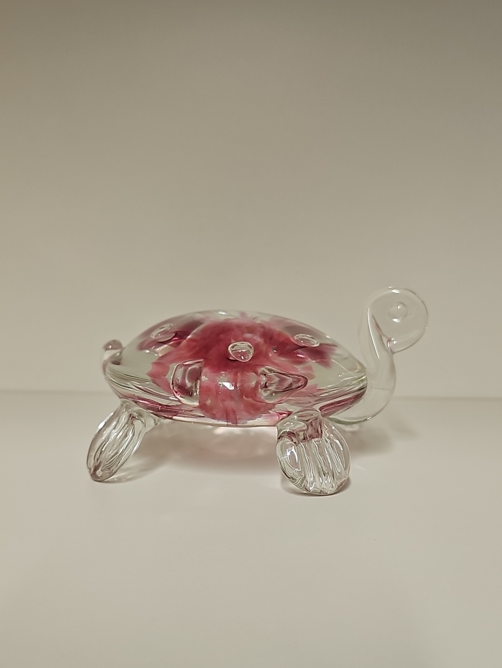 VINTAGE Rare Hand Blown Glass Turtle Paperweight Pink Flower Inlay